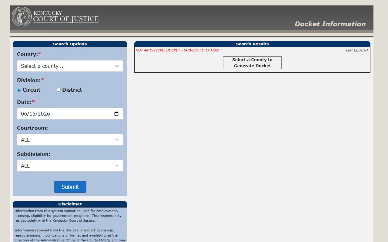 Calloway County court records after jail arrest docket search fields