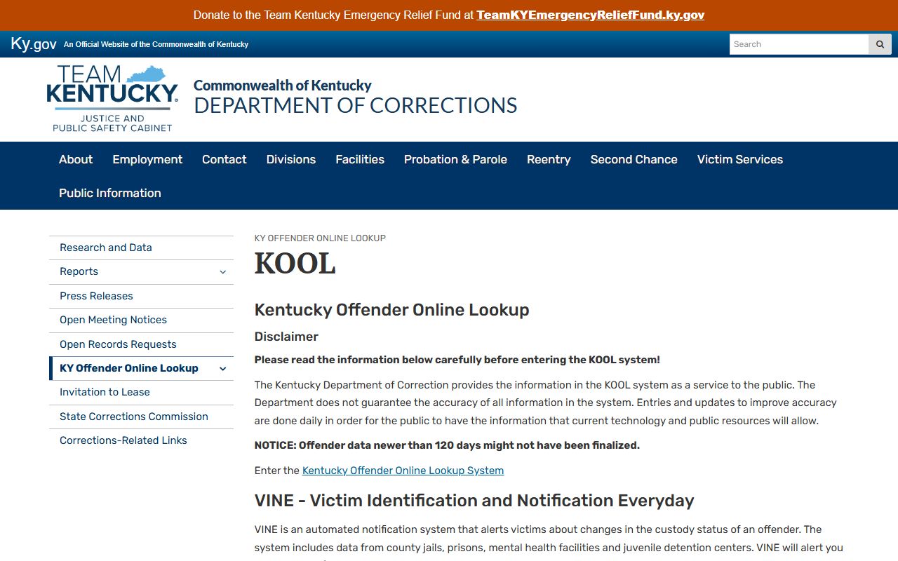 Calloway County inmate records Kentucky DOC KOOL locator entry page