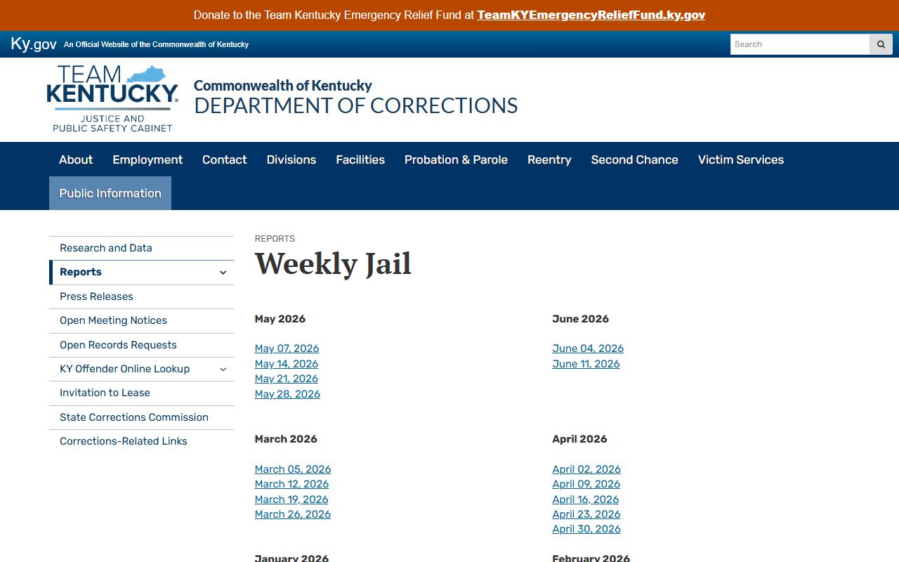 Calloway County inmate population weekly jail report index
